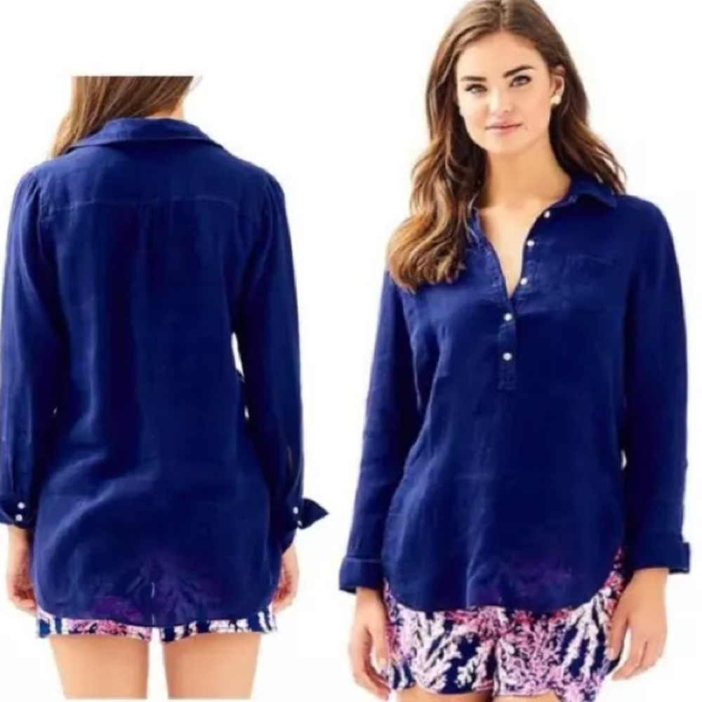 Lilly Pulitzer Deanna Popover Tunic Blouse True Navy 100% Linen, Size 2
